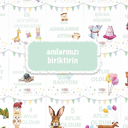 Bebek Hatıra Kartları İlk Sene Anı Kartları - 25 Özel Tasarım Kart -Arka Yüzünde Not Alanı LallyThings