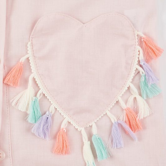 Kalp Cepli Gömlek Elbise Pembe